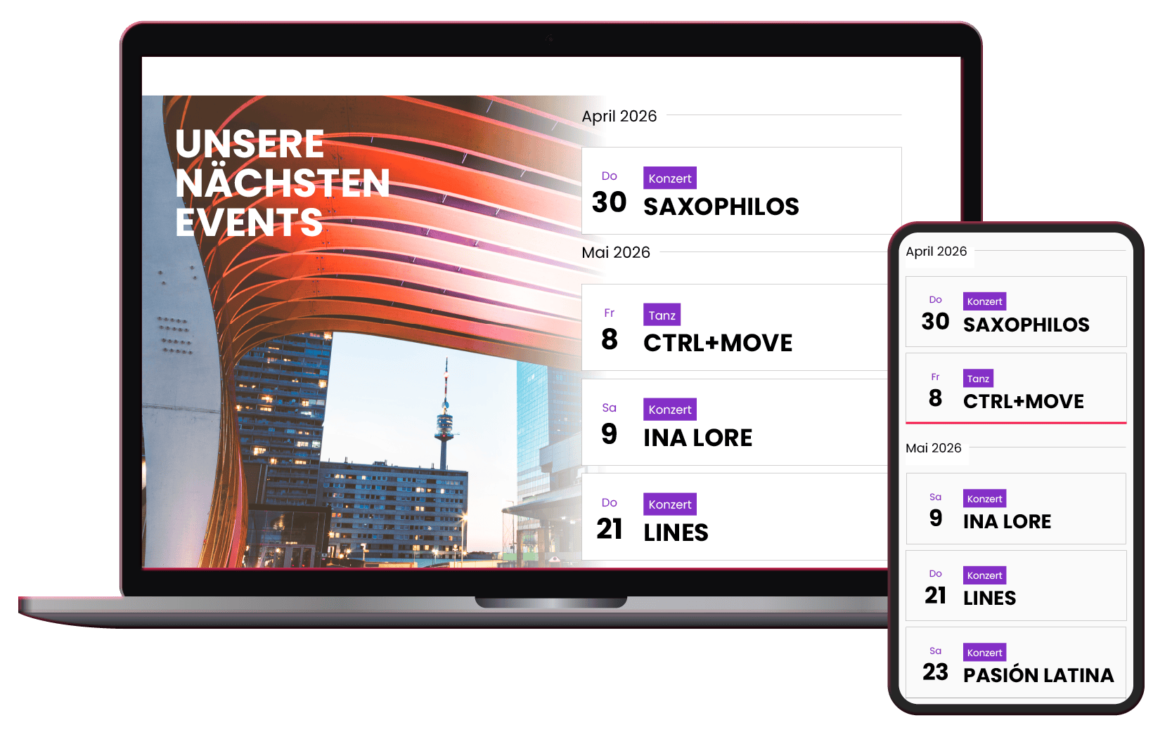 Kompakte Auflistung der bevorstehenden Events - responsive Design f&uuml;r Desktop und Smartphone
