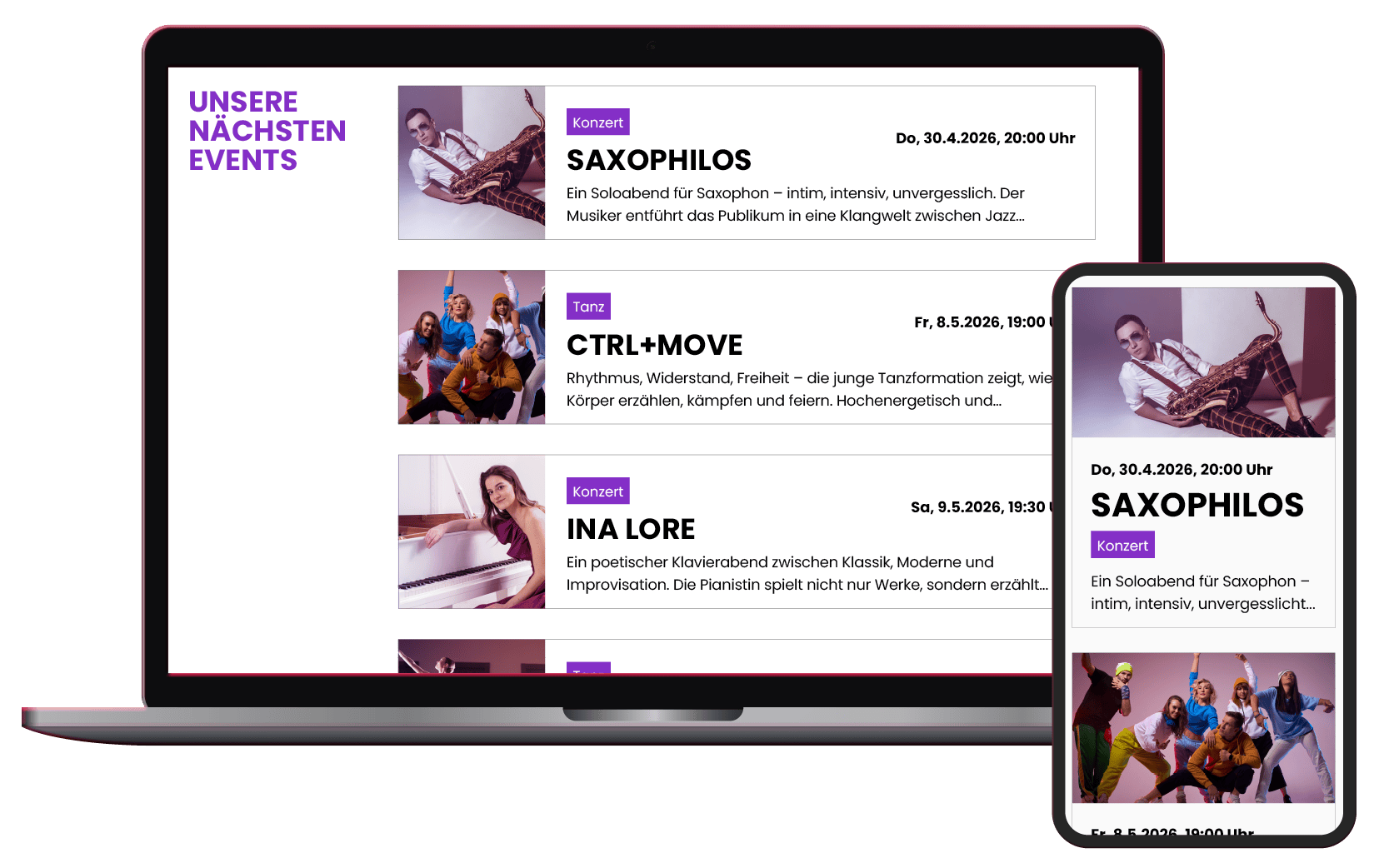 &Uuml;bersichtliche Listenansicht der bevorstehenden Events inklusive Bilder - responsive Design f&uuml;r Desktop und Smartphone
