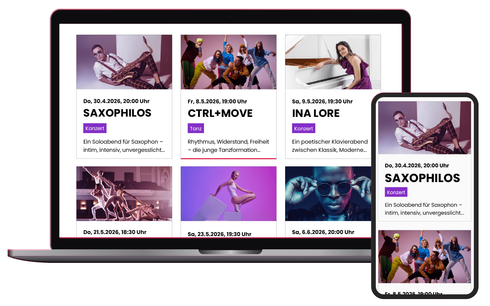 Rasteransicht der bevorstehenden Events - responsive Design f&uuml;r Desktop und Smartphone