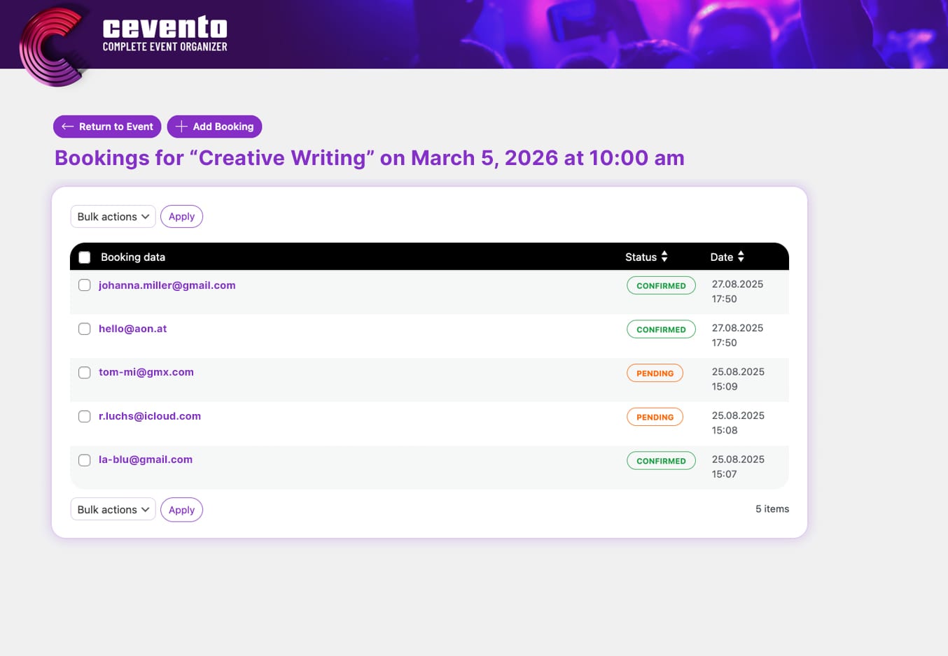 Cevento event plugin: Overview and editing options for online bookings