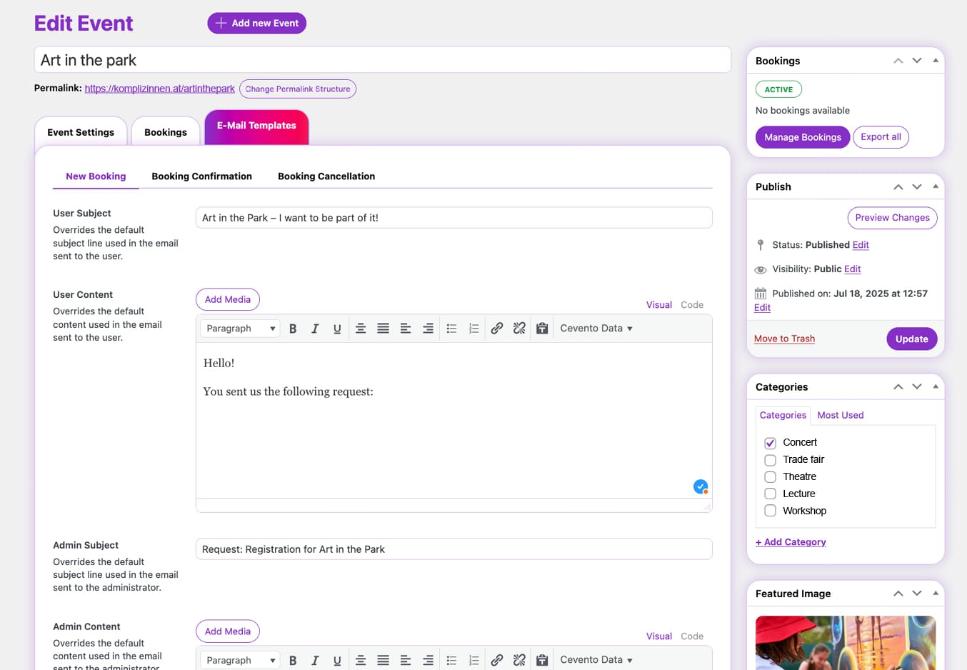 Cevento backend view of event editing with numerous configuration options such as custom email texts