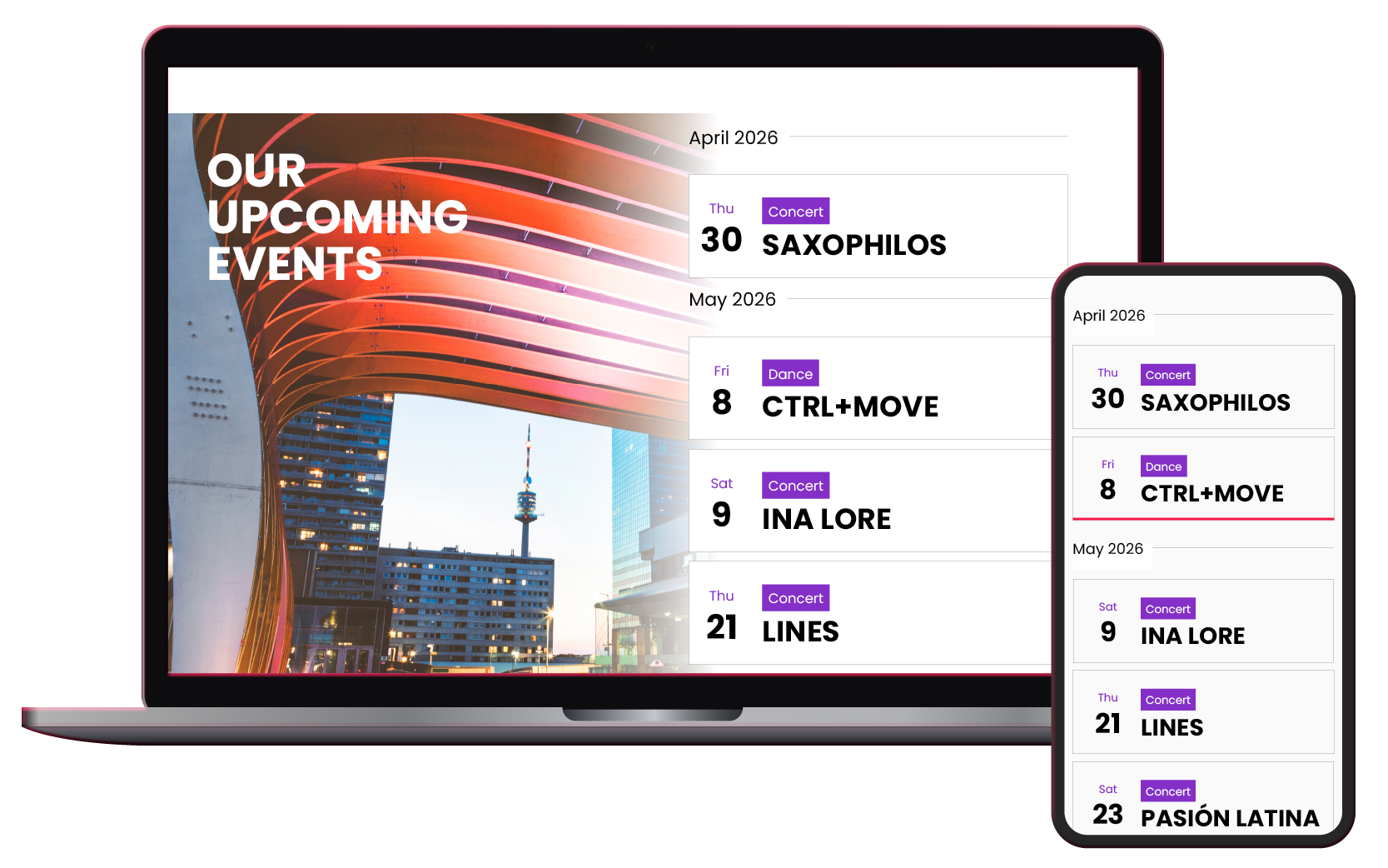 Compact listing of upcoming events – responsive design for desktop and smartphone