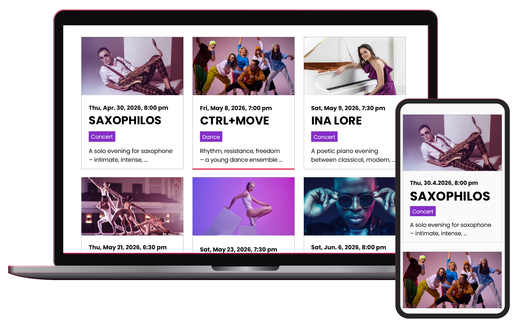 Grid view of upcoming events – responsive design for desktop and smartphone
