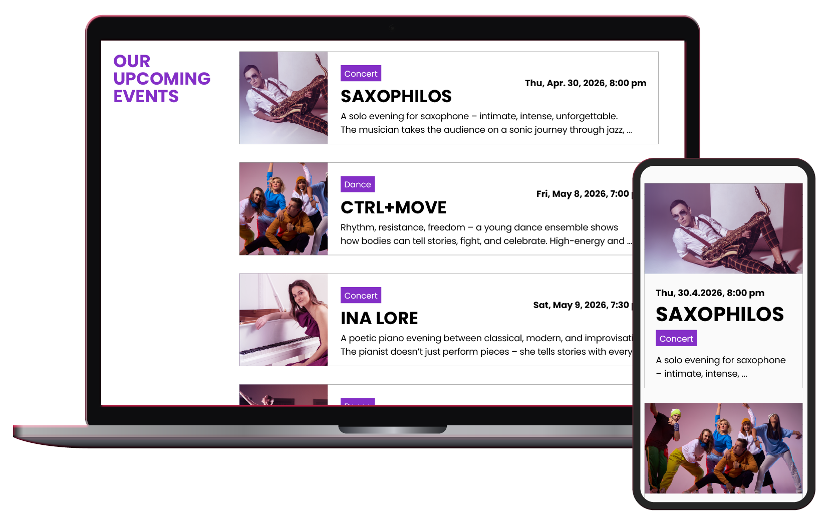 Clear list view of upcoming events including images – responsive design for desktop and smartphone