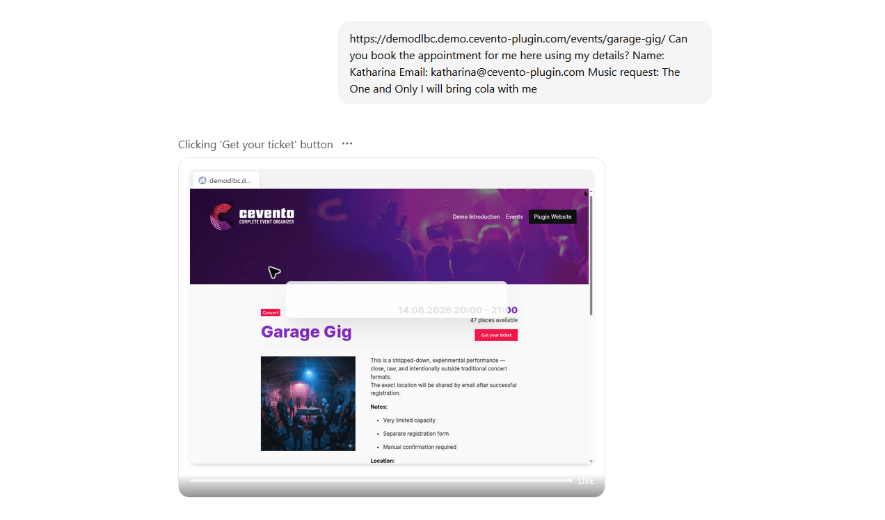 Ai Agent booking an event for the user 