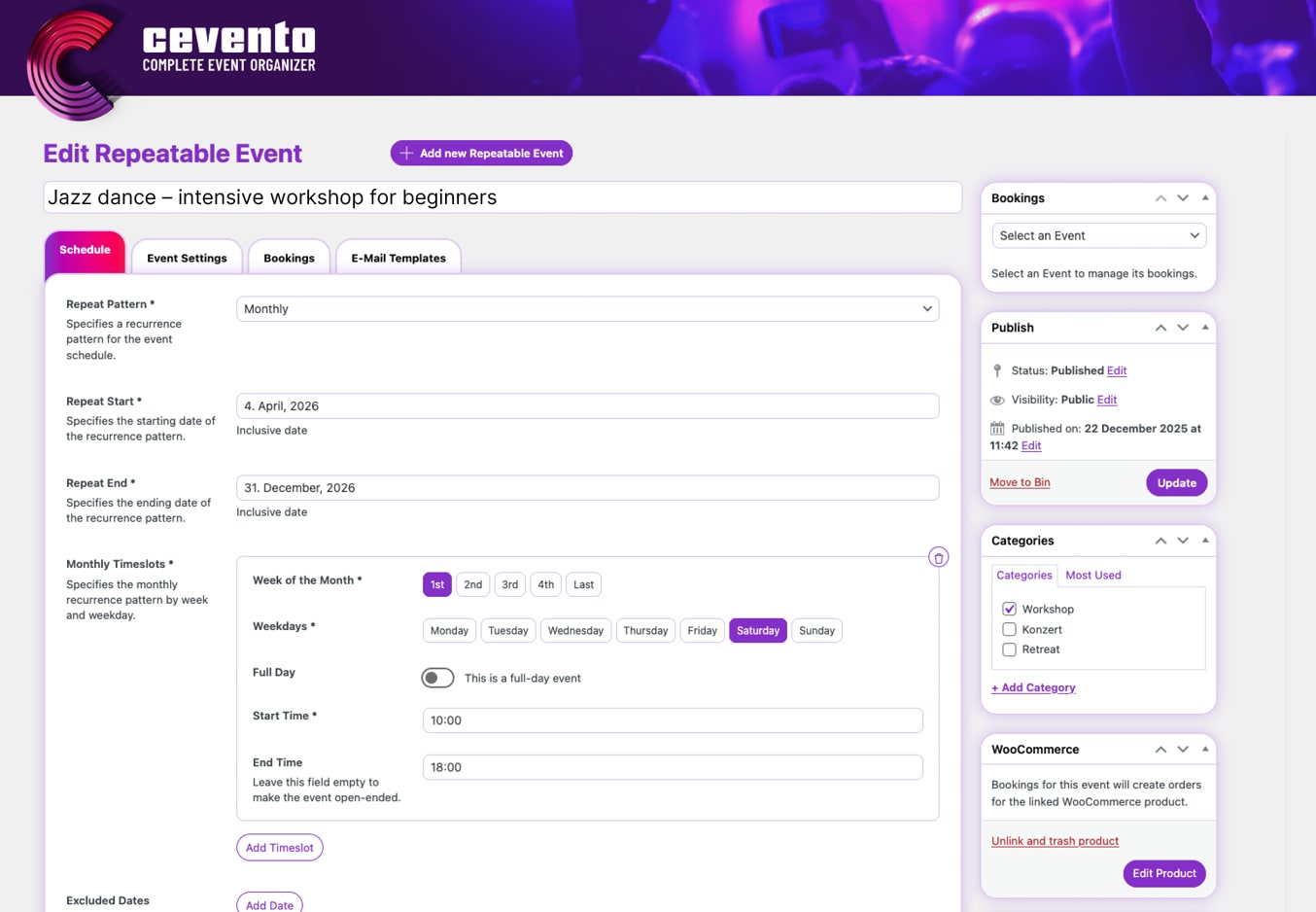 Cevento backend View repeatable events &ndash; create event series with just a few clicks