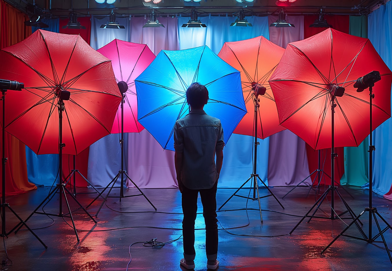eine Person blickt auf ein Fotosetting mit mehreren farbigen Scheinwerfern
