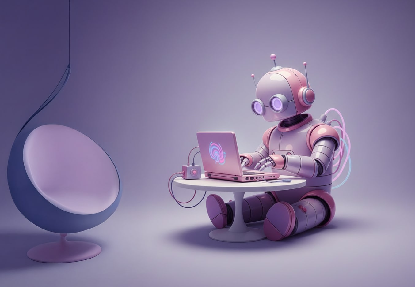 ein freundlich aussehender Roboter sitzt an einem Tisch und arbeitet an einem Notebook