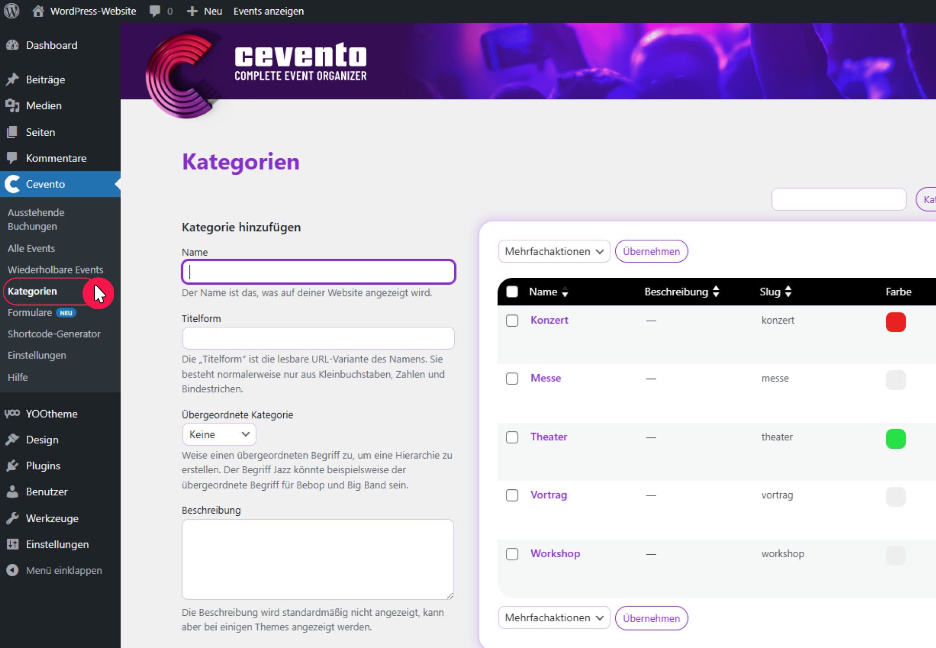 Klick auf den Link &bdquo;Kategorien&ldquo;