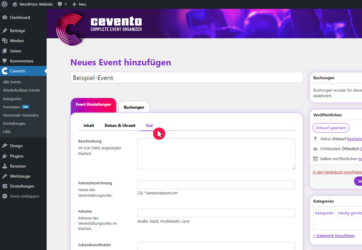 Submenüpunkt „iCal“