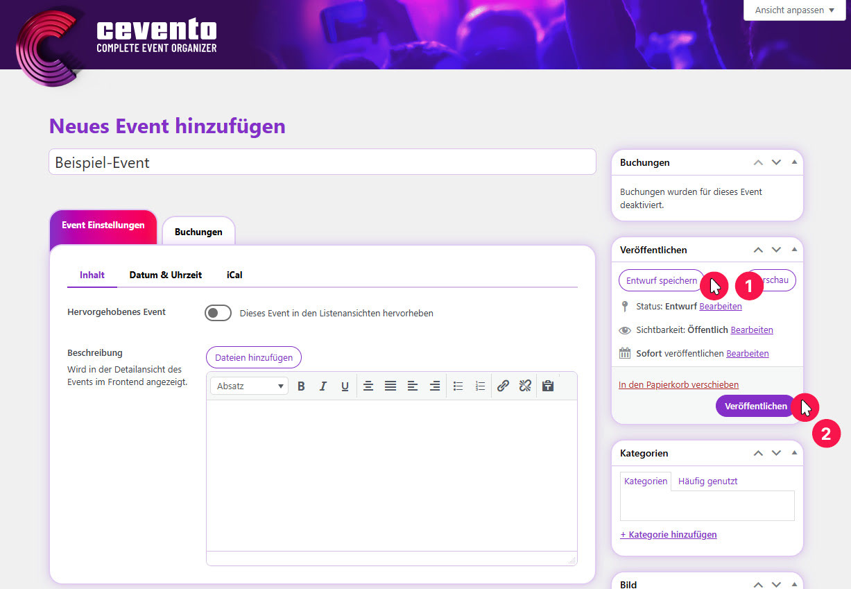 Button „Entwurf speichern“ und Button „Veröffentlichen“