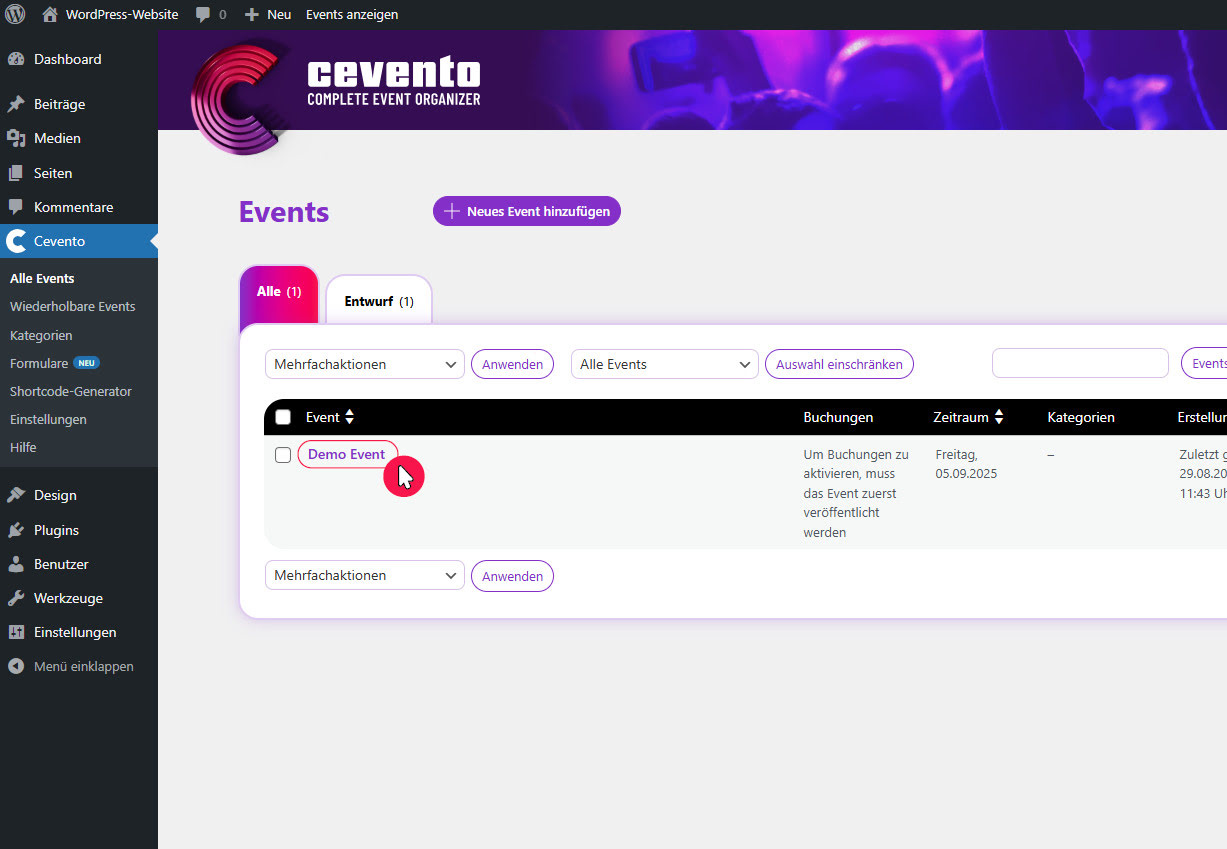 Event bearbeiten per Klick auf den Titel