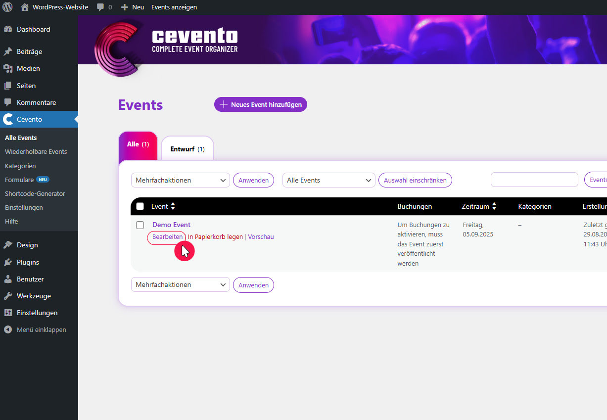 Event bearbeiten per Klick Button „Bearbeiten“