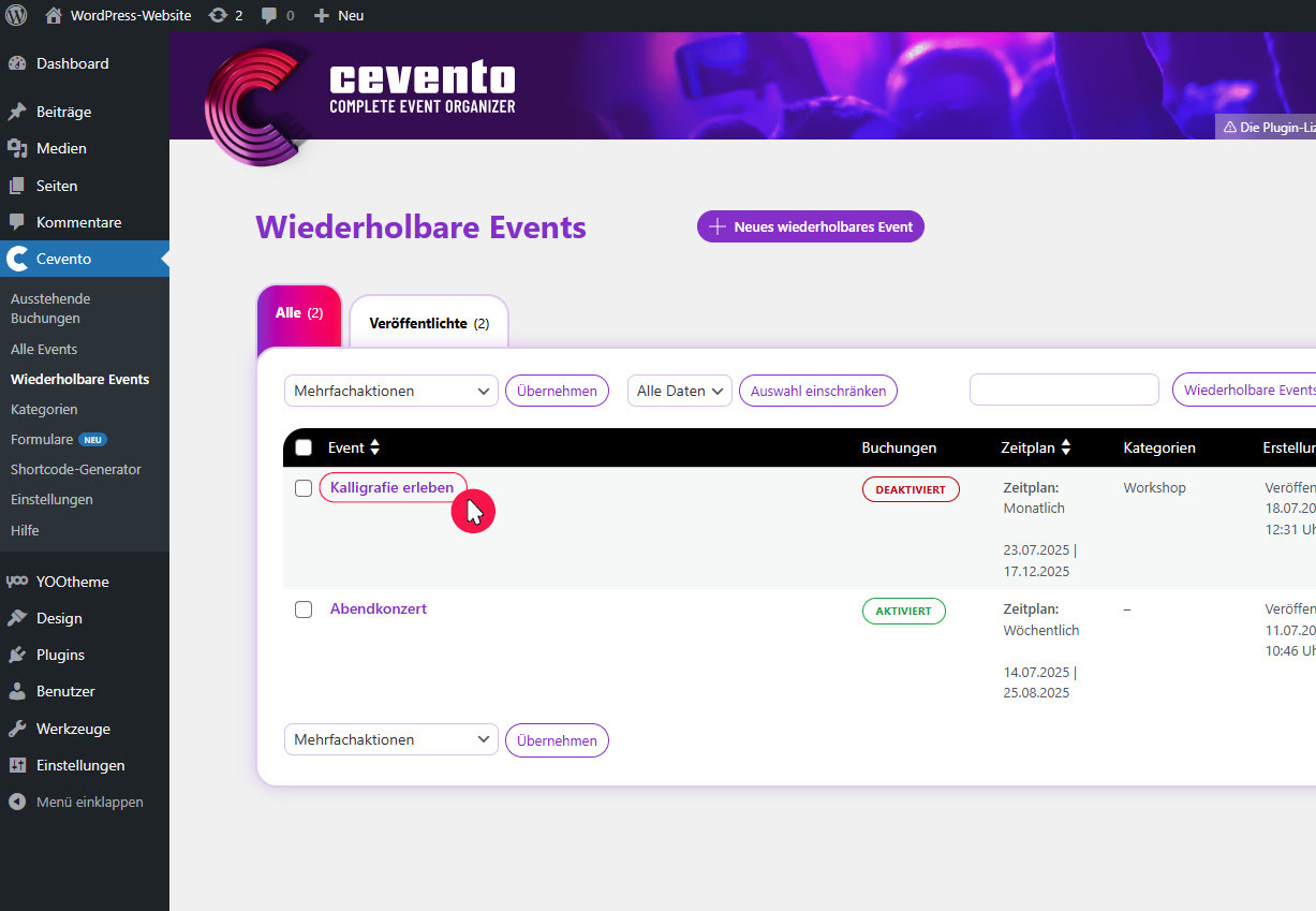 Event bearbeiten per Klick auf den Titel