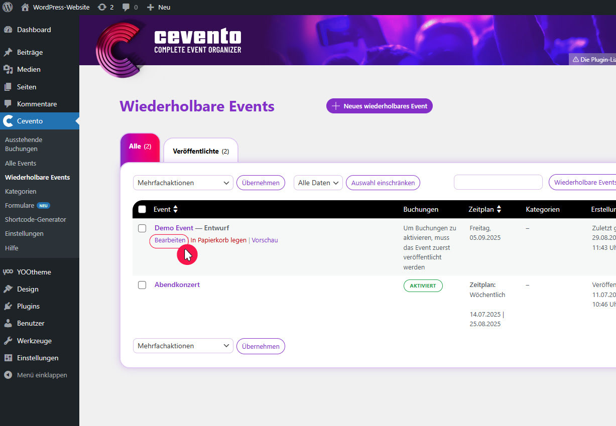 Event bearbeiten per Klick Button „Bearbeiten“