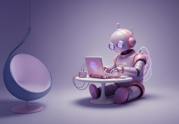 ein freundlich aussehender Roboter sitzt an einem Tisch und arbeitet an einem Notebook