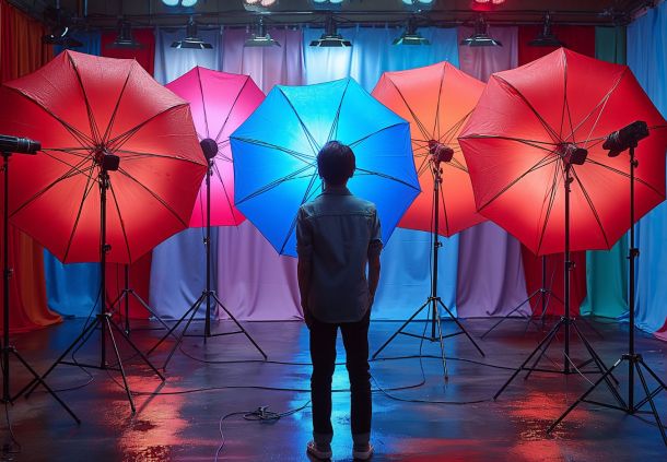 eine Person blickt auf ein Fotosetting mit mehreren farbigen Scheinwerfern