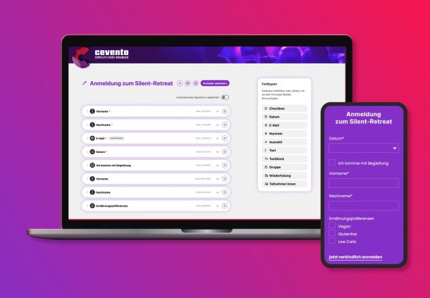 Ansicht eines individuellen Cevento-Anmeldeformulares im Vergleich Frontend und Backend