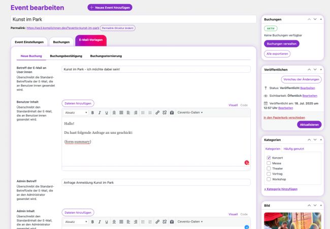 Cevento-Backend Ansicht der Event-Bearbeitung mit zahlreichen Konfigurationsm&ouml;glichkeiten wie individuellen E-Mail-Texten