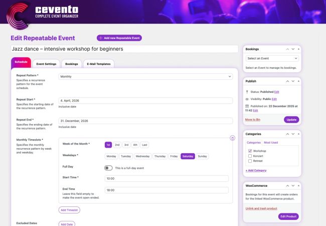 Cevento backend View repeatable events &ndash; create event series with just a few clicks
