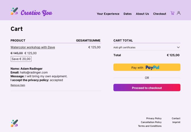 Shopping cart view of the direct connection between WooCommerce and Cevento