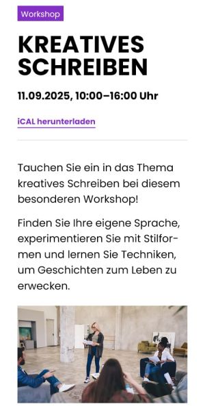 Darstellung eines Events im online-Eventkalender inkl. Downloadm&ouml;glichkeit als iCAL Termin